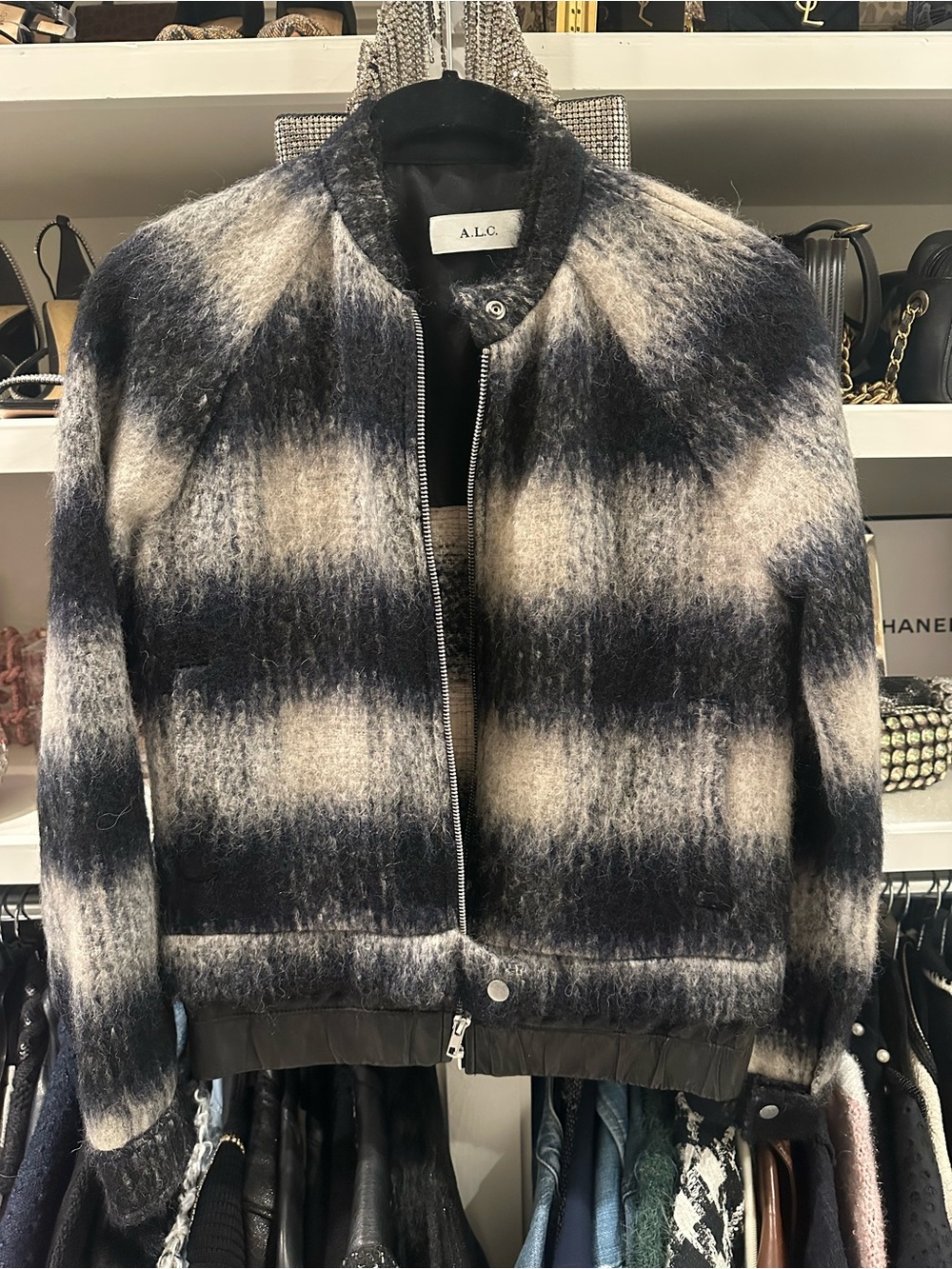 A.L.C. Black and Cream Plaid Fuzzy Bomber Jacket